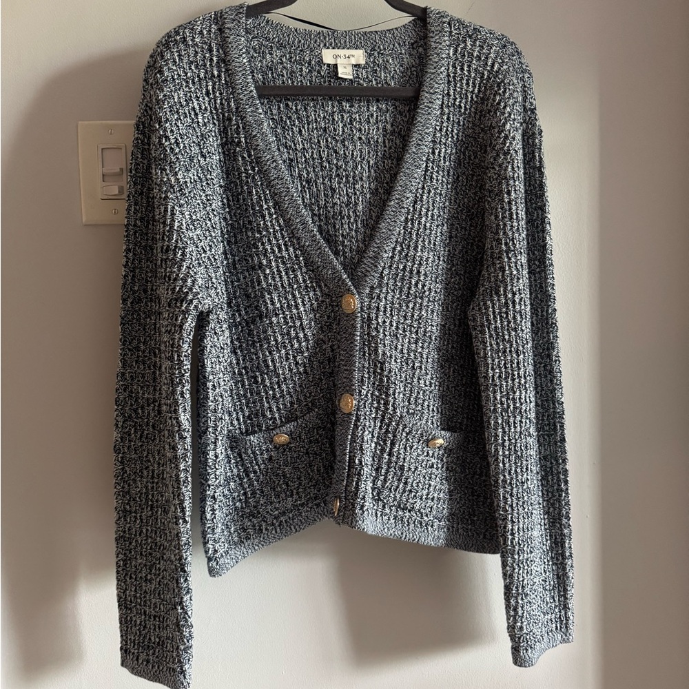 Tweed Style Chic Cotton Blues V-Neck Cardigan Sweater Gold Buttons size XL NEW